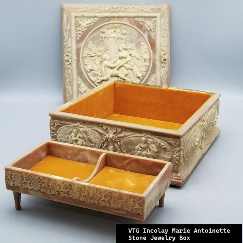 VINTAGE Incolay Marie Antoinette Stone Jewelry Box, 9" x 9" x 4"